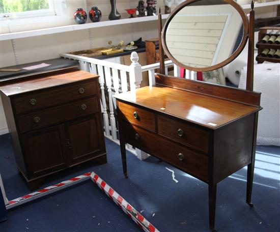 An Edwardian inlaid mahogany dressing table and matching cupboard W. 107cm dressing table, W.84cm cabinet